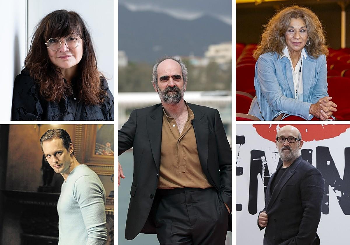 En el centro, Luis Tosar. En el sentido de las agujas del reloj: Isabel Coixet, Lolita Flores, Javier Cámara y Alexander Skarsgård.