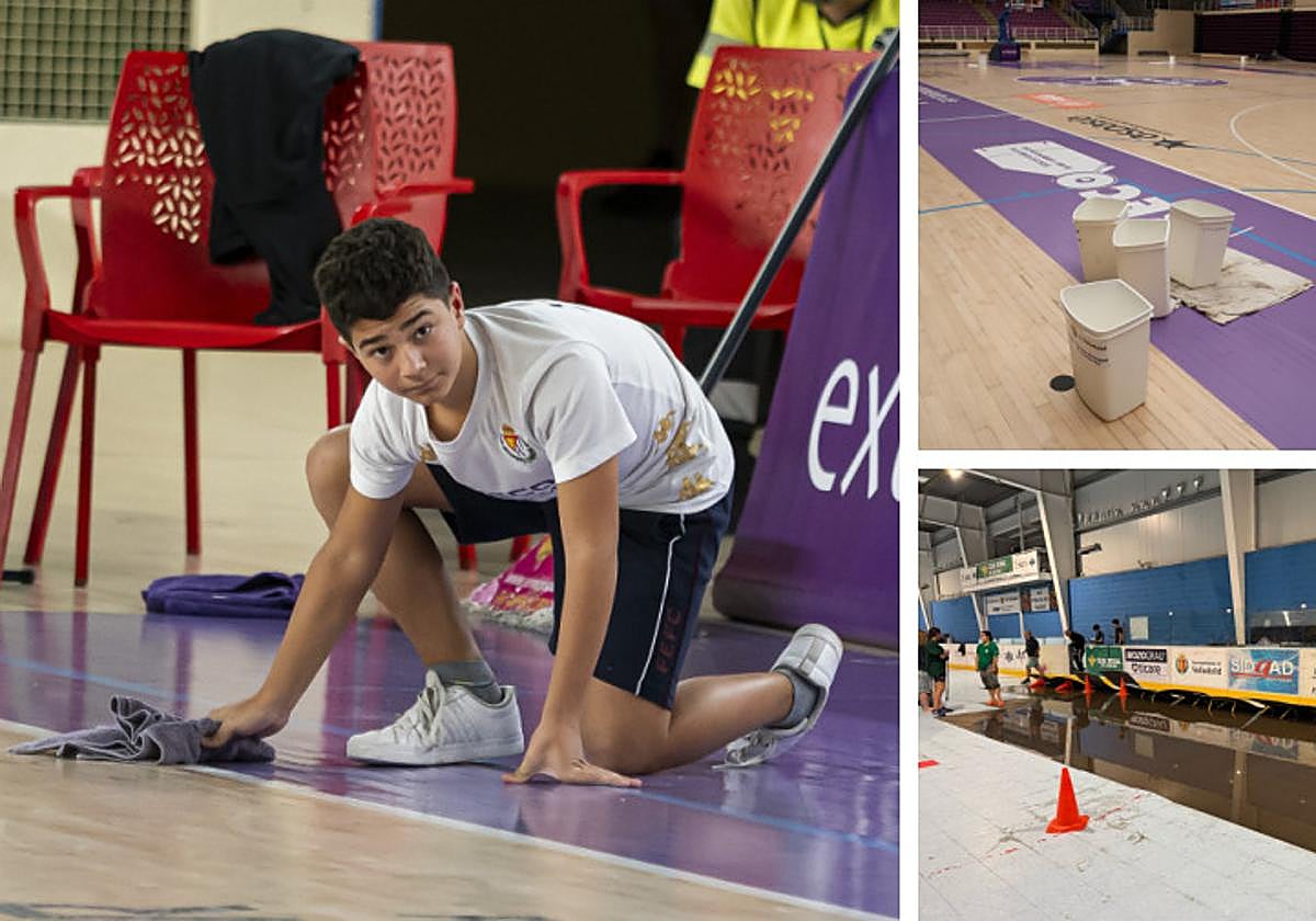 Un jugador de la cantera limpia la pista durante el UEMC-Estudiantes por las goteras del pabellón Pisuerga. A la derecha, Pisuerga y Canterac en un día de lluvia.