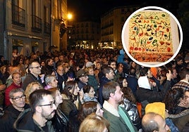 Cientos de segovianos aguardan el prodigio del Paso de la Hoja, y en el círculo, la ilustración de este año, obra de Mon Montoya.