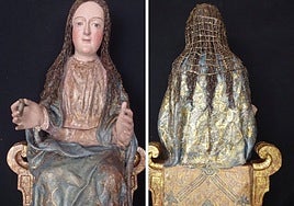 Imagen de la Virgen del Monte, tanto por delante como por la cara posterior de la talla.