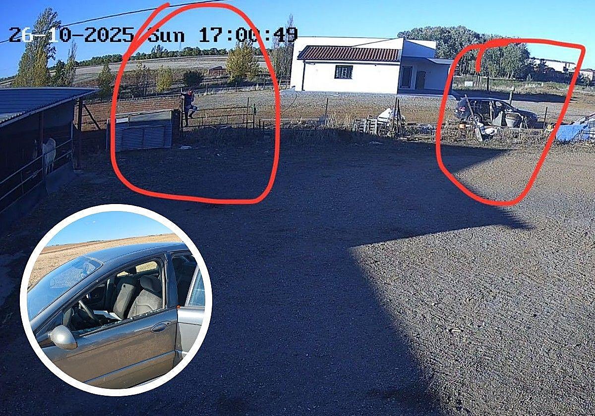 Varias personas asaltan una nave en la localidad zamorana de Villalobos. En el círculo, lunas de un coche del mismo municipio reventadas.