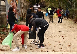 Estudiantes del Núñez de Arca durante la limpieza de Las Moreras, este jueves.
