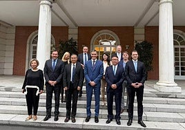 De arriba a abajo y de izquierda a derecha: Eva Driesen, Eleuterio Gordaliza, You Lu, Andy Palmer, Manuel de la Rocha; Tara Lindstedt, Óscar Puente, Steven Cai, Pedro Sánchez, Li Zhen y Marian Bocek, tras la reunión en La Moncloa.