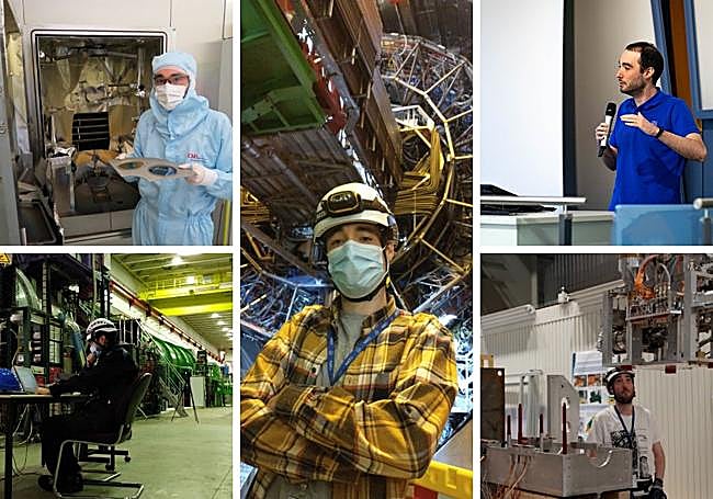 Foto 1.- Antonio Alonso prueba distintas formulas de recubrimientos para un detector de partículas Cherenkov en la sala limpia de la Universidad Politécnica de Lausana. Foto 2.-Revisando el funcionamiento de unos componentes en el interior de la caverna experimental subterránea ECN3. Foto 3.- Antonio Alonso en el detector ALICE. Foto 4.- Dando una charla en la Universidad de Aquisgran. Foto 5.- Haciendo un test de funcionamiento de un módulo de vacío de accionamiento remoto para el detector ATLAS.