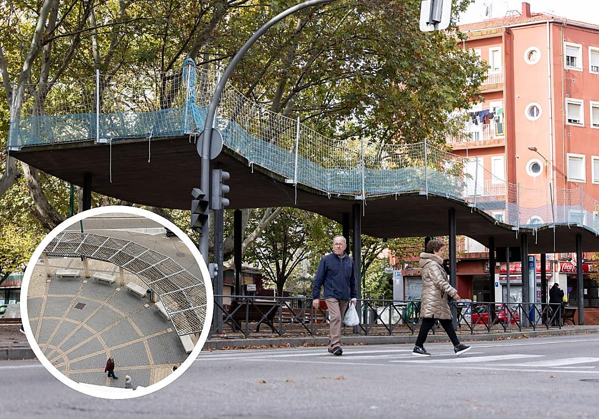 Obras en la marquesina de la plaza de Vadillos. En detalle, vista aérea de la pérgola de la plaza del Carmen en Delicias.