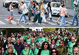Peatones caminando por la plaza de España y en la Marcha contra el Cáncer.