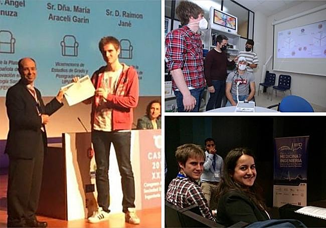 Foto 1.- Pablo Núñez recibe el Premio José María Ferrero Corral celebrado durante el XXXV Congreso Anual de la Sociedad Española de Ingeniería Biomédica (CASEIB 2017). Foto 2.- En un reportaje sobre su proyecto. Foto 3.- En un congreso de la Sociedad Española de Ingeniería Biomédica 2016.