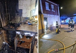 A la izquierda, estado en el quedó la cocina tras el incendio. A la derecha, los bomberos en el exterior de la vivienda.