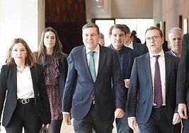 Fernández Carriedo (centro) y su equipo llegan a las Cortes.