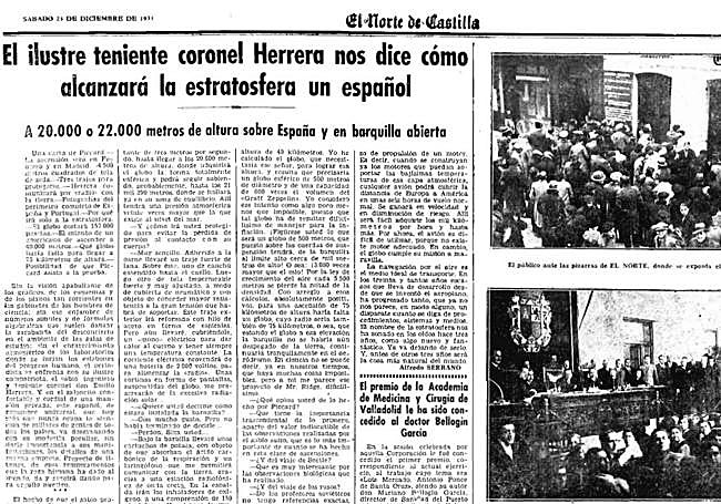 Página de El Norte de Castilla publicada el 23 de diciembre de 1933, donde Emilio Herrera cuenta su proyecto.