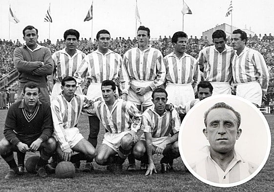 Un equipo blanquivioleta de la temporada 1954-55. De pie: Saso, Matito, Lolo, Murillo, Domingo, Lesmes I y Tini. Agachados: Benegas, Cerdán, Ducasse, Losco (también en detalle), y Morro.