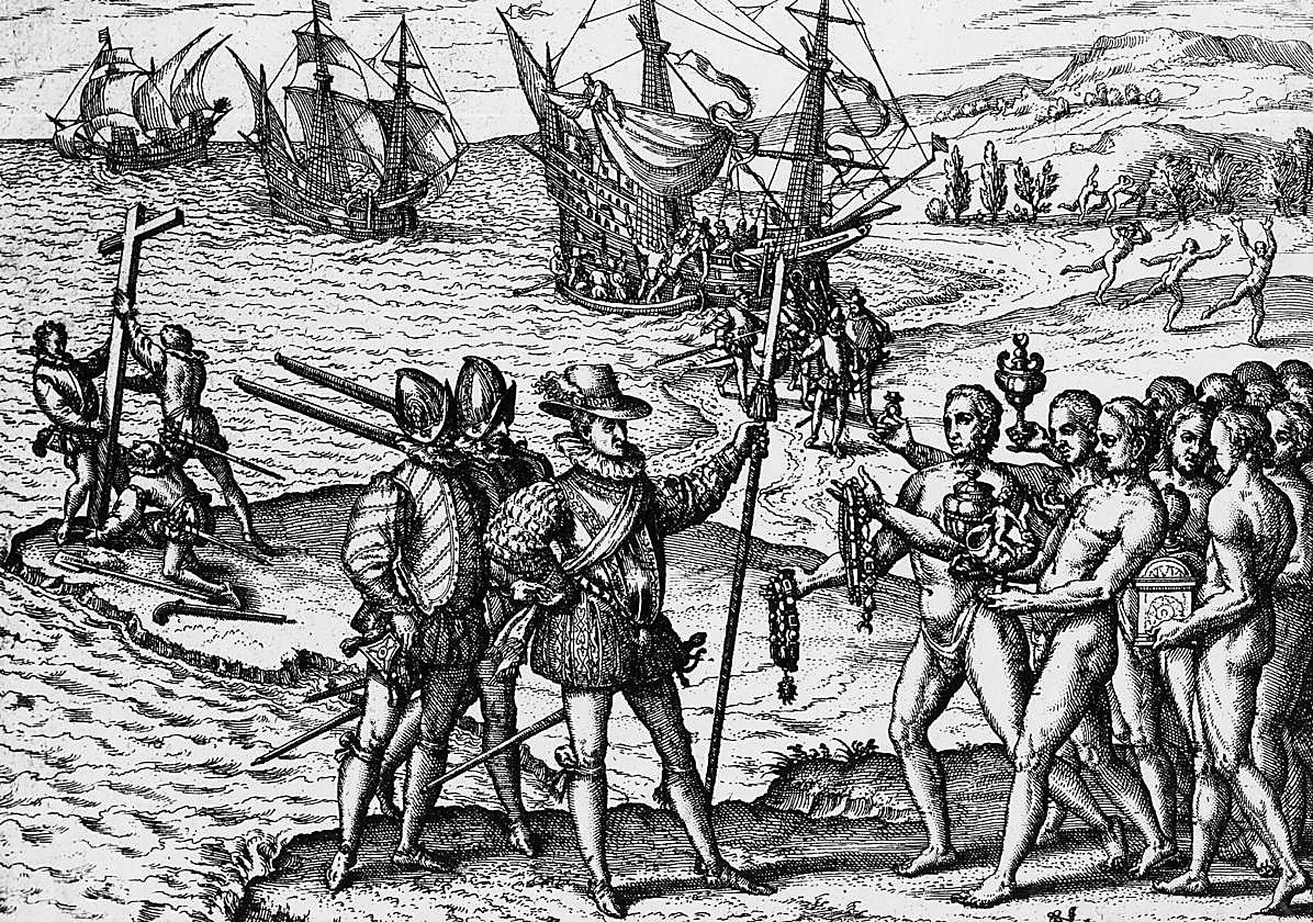 Primer desembarco de Colón (Guanahani, 12 de octubre de 1492), grabado de Theodor de Bry (1528-1598).