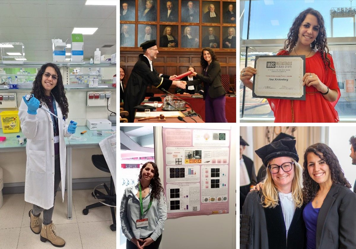 Foto 1: Ana Krotenberg en el laboratorio CIC-bioGUNE de Bilbao. Foto 2: recibiendo su diploma de doctorado en la Universidad de Utrecht tras la defensa de su tesis en junio de 2024. Foto 3: Ana Krotemberg con su premio Young Traveler Award en el congreso de la MRS en 2022 en Buenos Aires (Argentina). Foto 4: Presentando su póster sobre la investigación del CIC-bioGUNE en el congreso de ASEICA en Bilbao. Foto 5: con su directora de tesis de la Universidad de Utrecht