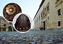 Palacio de Avellaneda, en la plaza de Peñaranda de Duero y, en las fotos de detalle, una de la piezas encontradas y ya restauradas, un casco capacete.