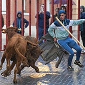 Un joven esquiva la embestida de los novillos.