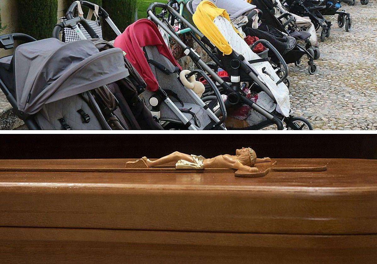 Arriba, hilera de carritos de bebé en un jardín de la capital segoviana; abajo, un ataúd de los servicios funerarios.
