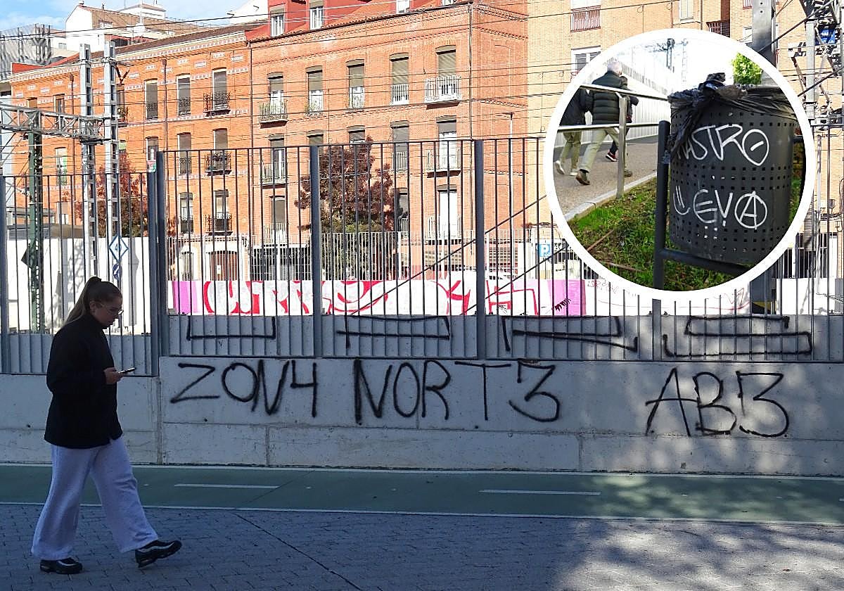 Pintada en la cara interior del muro de la vía sobre el paso peatonal de Panaderos y Estación. Arriba, en detalle, grafiti de 'Üeya' en el túnel de Padre Claret.
