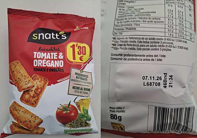 Bocaditos de tomate y orégano de la marca Snatt's afectados por la alerta.