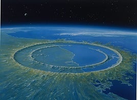Reproducción por ordenador del meteorito que cayó hace 65 millones de años en el golfo de México y destruyó el 70% de las formas de vida, entre ellas, la de los dinosaurios.