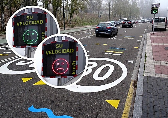 Marcas viales en la calzada del paseo de Juan Carlos I en torno al colegio y las caritas que muestran los nuevos avisadores de velocidad.
