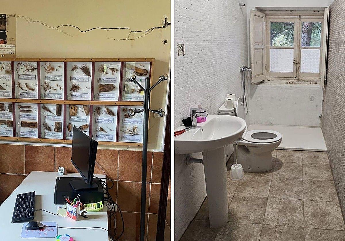A la derecha, grietas en las paredes de una oficina comarcal de Segovia; a la izquierda, el deficiente baño y ducha de otro centro en la provincia.