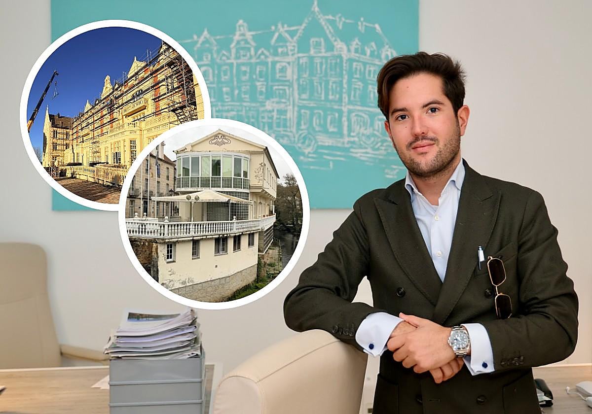 El empresario vallisoletano Agustín Pescador en sus oficinas de la calle Santiago. En detalle, el Palacio de Las Salinas, en plena reforma, y el balneario que acaba de comprar en Galicia.
