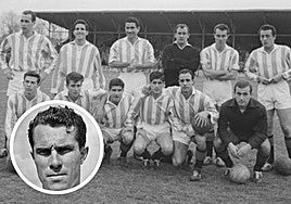 Una formación blanquivioleta de la temporada 1956-1957. En pequeño, el goleador Badenes.