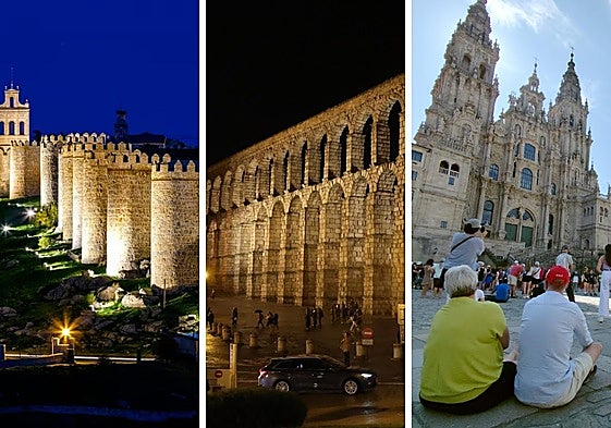 Muralla de Ávila, Acueducto de Segovia y Catedral de Santiago de Compostela.