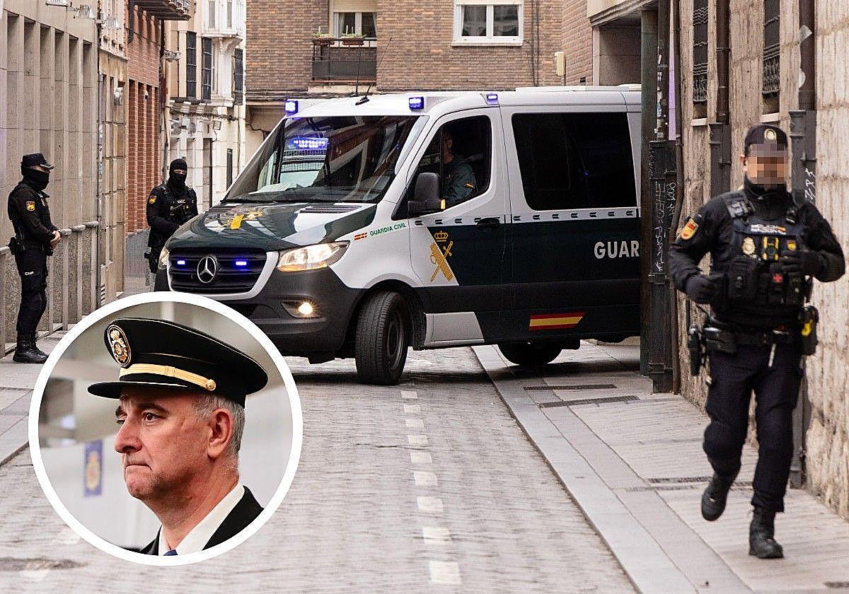 Salida de los detenidos en los juzgados de Valladolid a primera hora de la tarde de este domingo. En el círculo, el jefe de Estupefacientes de Valladolid, Luis Fernández.