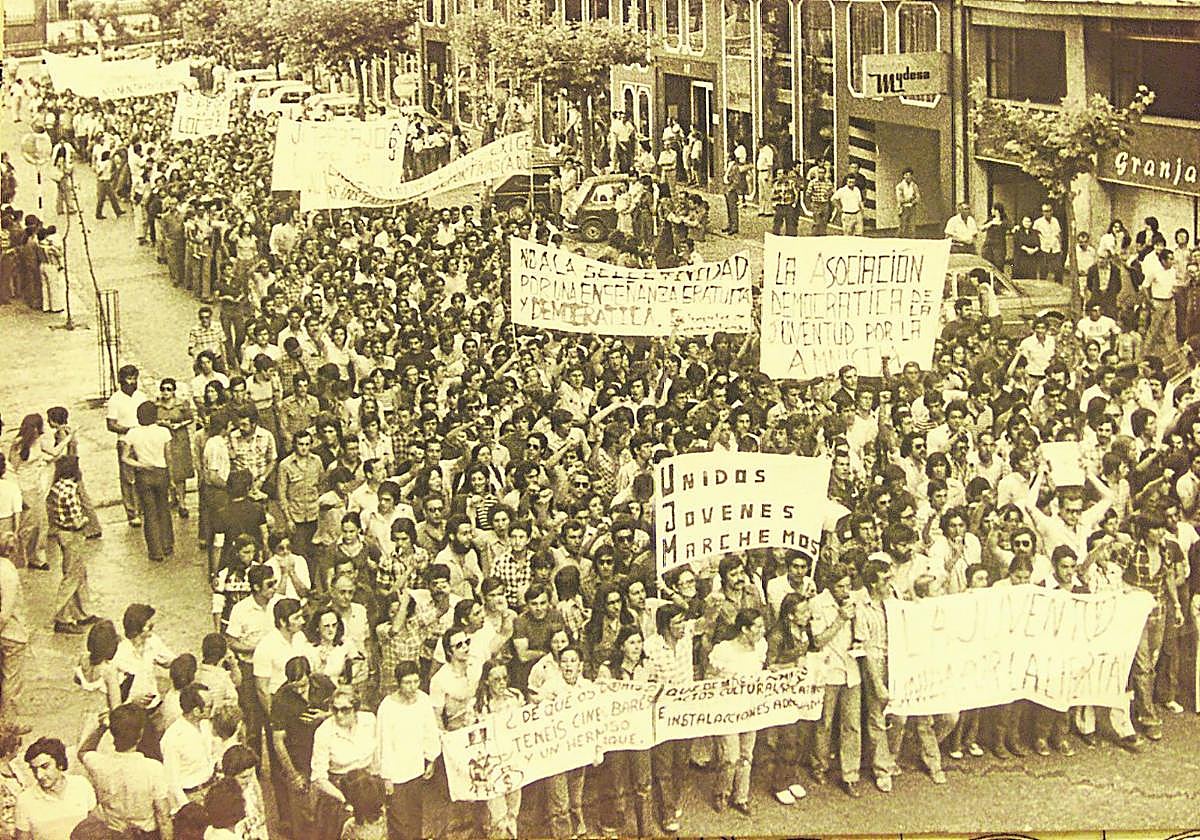 Manifestación estudiantil por el cierre de la Universidad de Valladolid en 1974.
