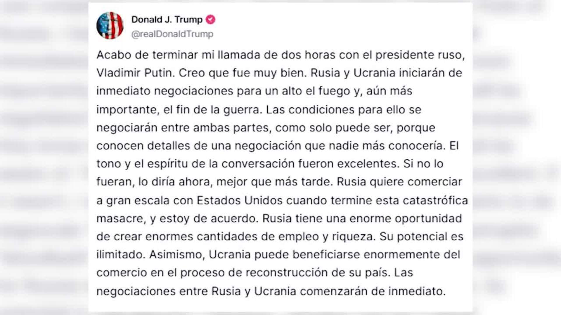 Trump anuncia la apertura "inmediata" de negociaciones para alto el fuego entre Rusia y Ucrania