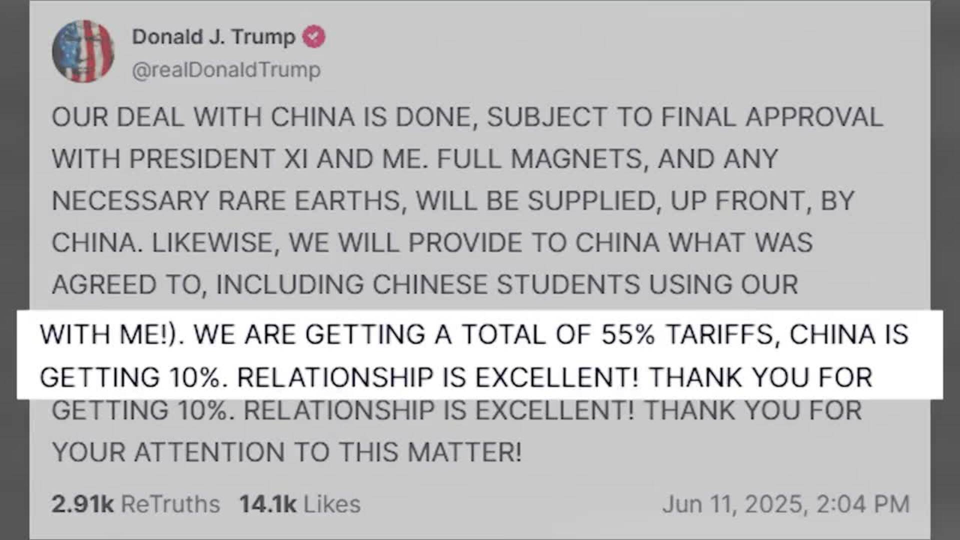 Trump dice que el acuerdo implica el suministro de tierras raras por parte de China