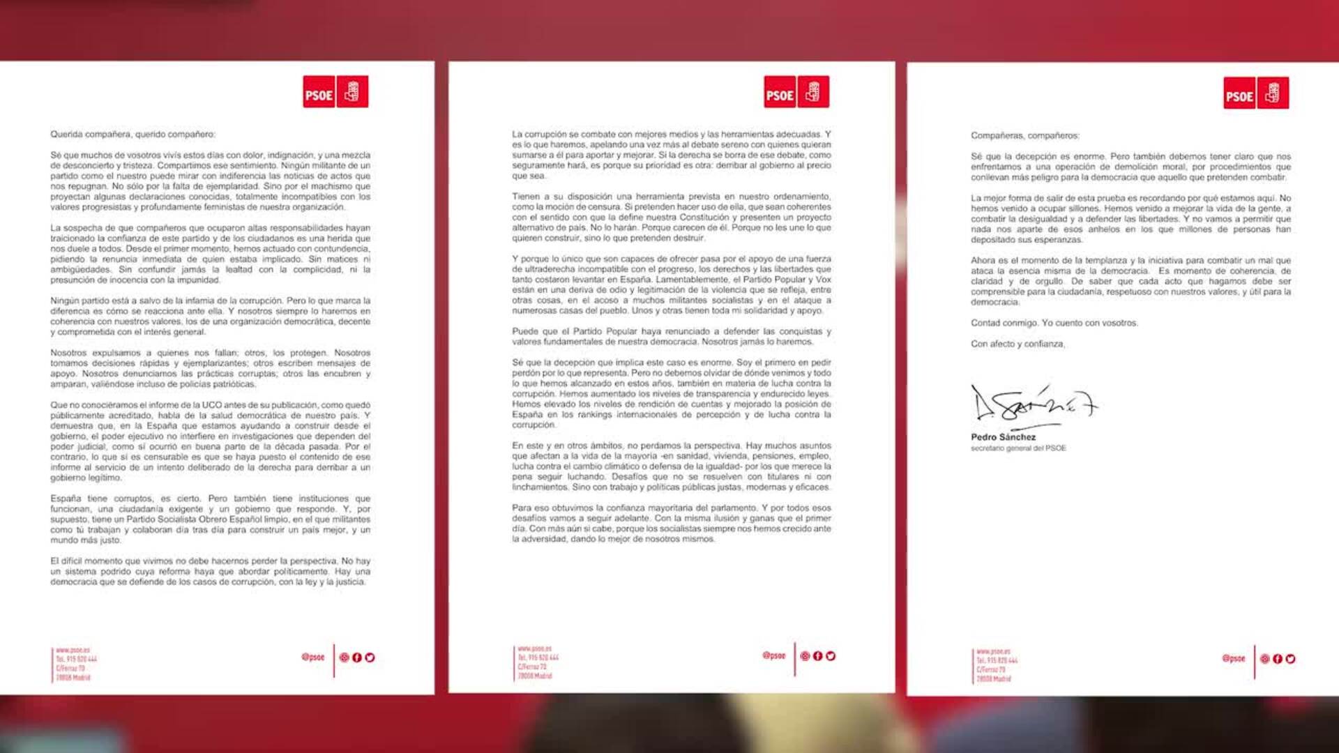 Sánchez envía carta a militancia en la que denuncia "demolición moral" y asegura que seguirá