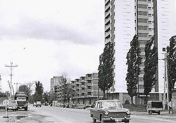 La torre y los bloques del poblado de Fasa, del lado del paseo del Arco de Ladrillo, en los años setenta.