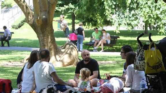 Varias familias comiendo en un parque.