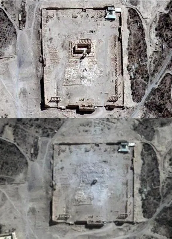 Dos imágenes tomadas por satélite de la ciudad de Palmira antes (arriba) y después (abajo) de una explosión en el antiguo templo de Bel. 