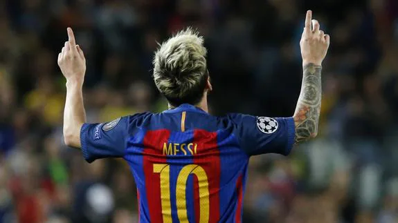 Messi celebra uno de los tres goles ante el City de Guardiola.