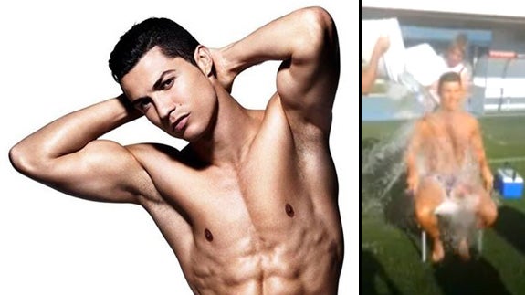 A la derecha, demostración de que Cristiano Ronaldo se moja con agua helada.