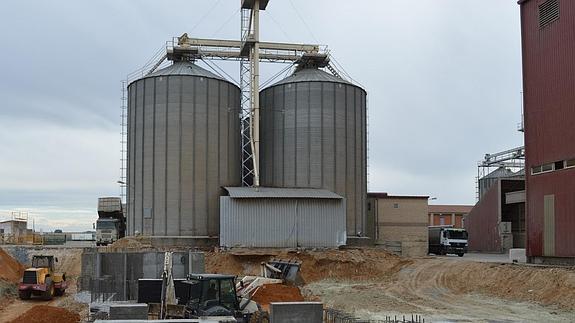 Las máquinas trabajan en la construcción de los cimientos de la tercera torre de fabricación de piensos compuestos.