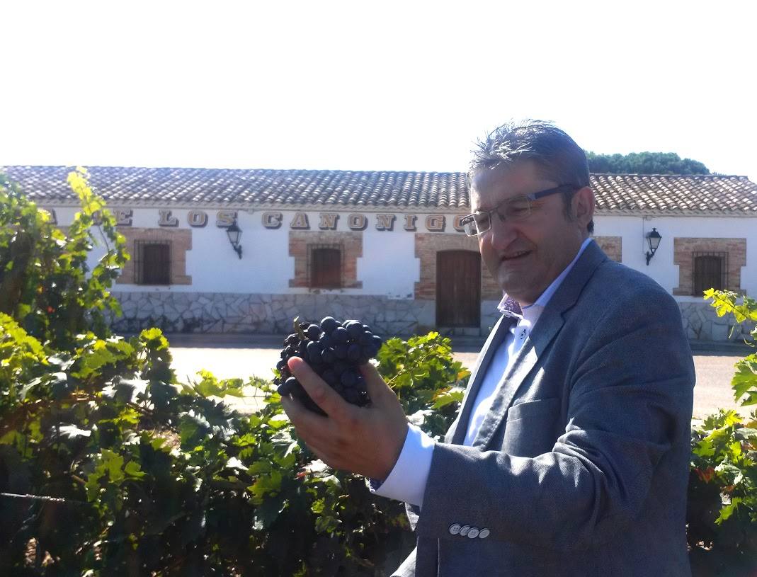 Óscar Campillo observa un racimo de uvas.