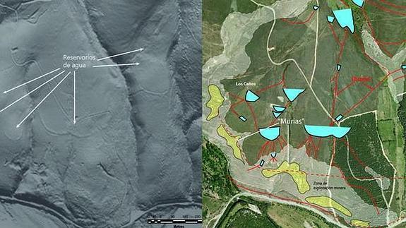 Antiguas minas de oro en el valle del Eria. El modelo con los datos LiDAR (I) sitúa esta infraestrctura sobre fotos aéreas (D)