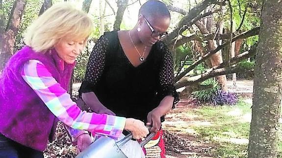 María TeresaFernández de la Vega riega un árbol en el marco de una acción solidaria en Nairobi.