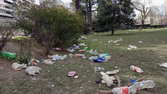 Los restos del macrobotellón del lunes, diseminados ayer por los jardines de La Rosaleda. 