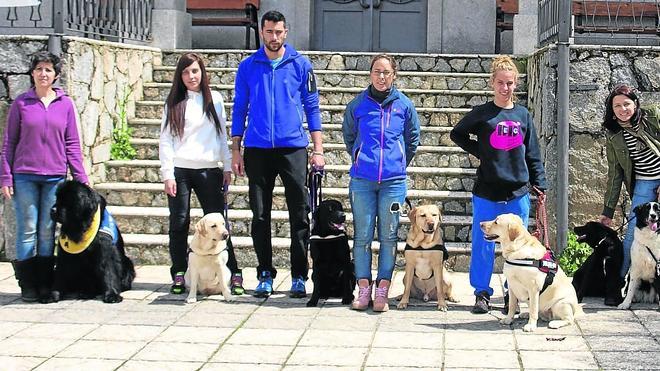 Algunos de los participantes del curso que se ha impartido durante este fin de semana en la localidad de Guijo de Ávila para comprobar las cualidades de los canes como futuros posibles perros de terapia. 
