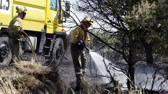 Brigada antiincendios actuando en la extinción del incendio en el municipio salmantino de Saucelle. 