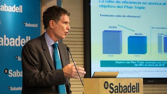 El consejero delegado de Sabadell, Jaime Guardiola, durante la presentación de los resultados del trimestre. 