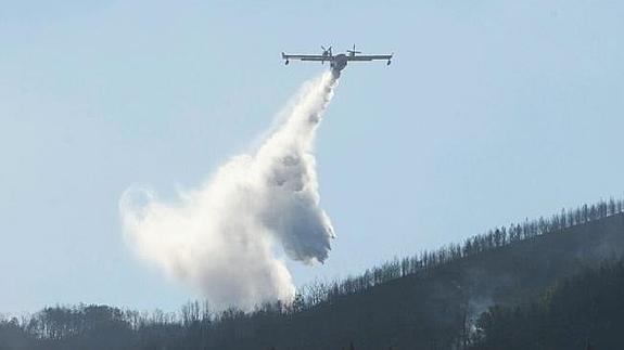 Un avión descarga agua sobre el incendio en Espinareda. 