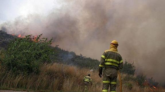 Un brigadista actúa en las labores de extinción de un fuego en Requejo.