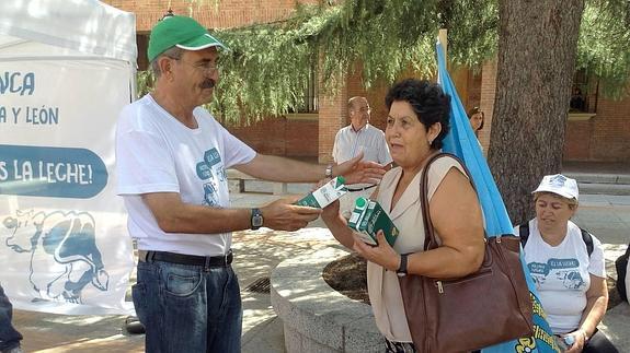 Algunos de los participantes en la Marcha de la leche, regalan el producto a su llegada a la localidad de las Rozas, donde finaliza la etapa del dia. 