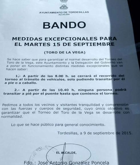 El bando lanzado por el Ayuntamiento de Tordesillas.